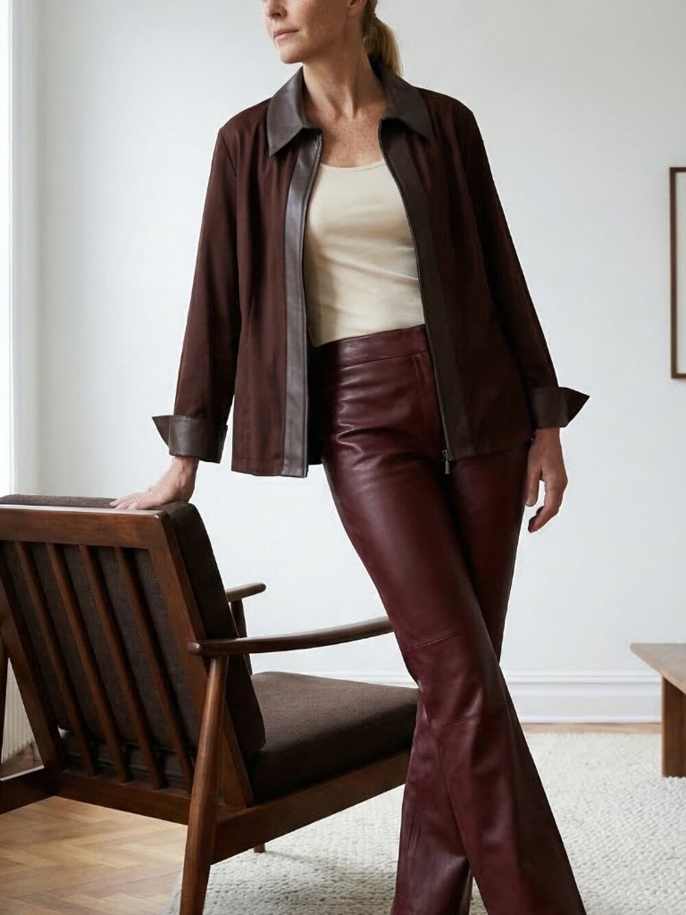 Unique RAVEL Chocolate Brown Vintage Zip-up Shirt w/faux leather Collar & Cuffs